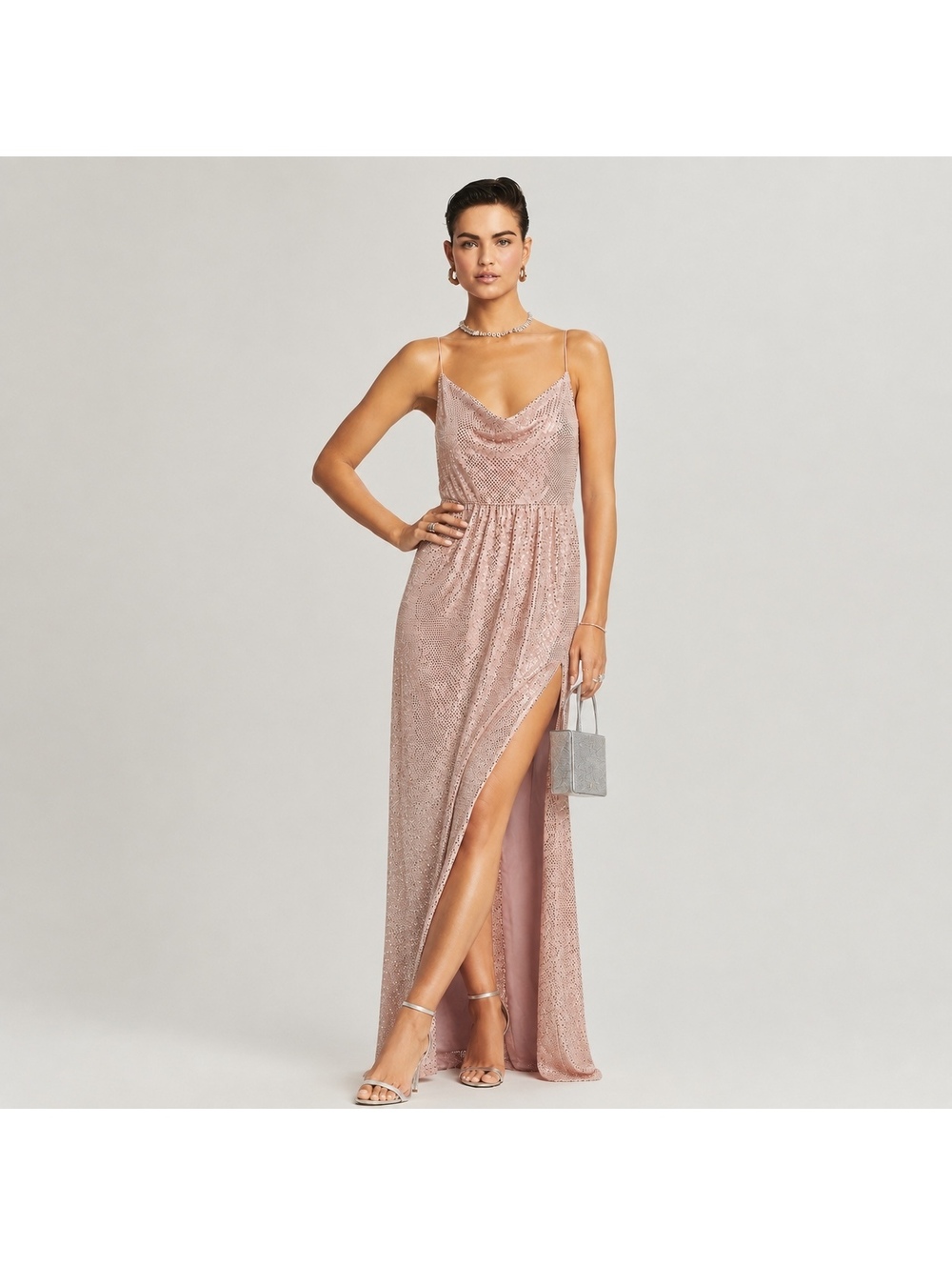 Designer Nocturne pink silver sequined cowl neck formal dress with slit